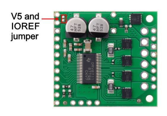 Surface mount jumper for V5 and IOREF pins on the Pololu High-Power Stepper Motor Driver 36v4.