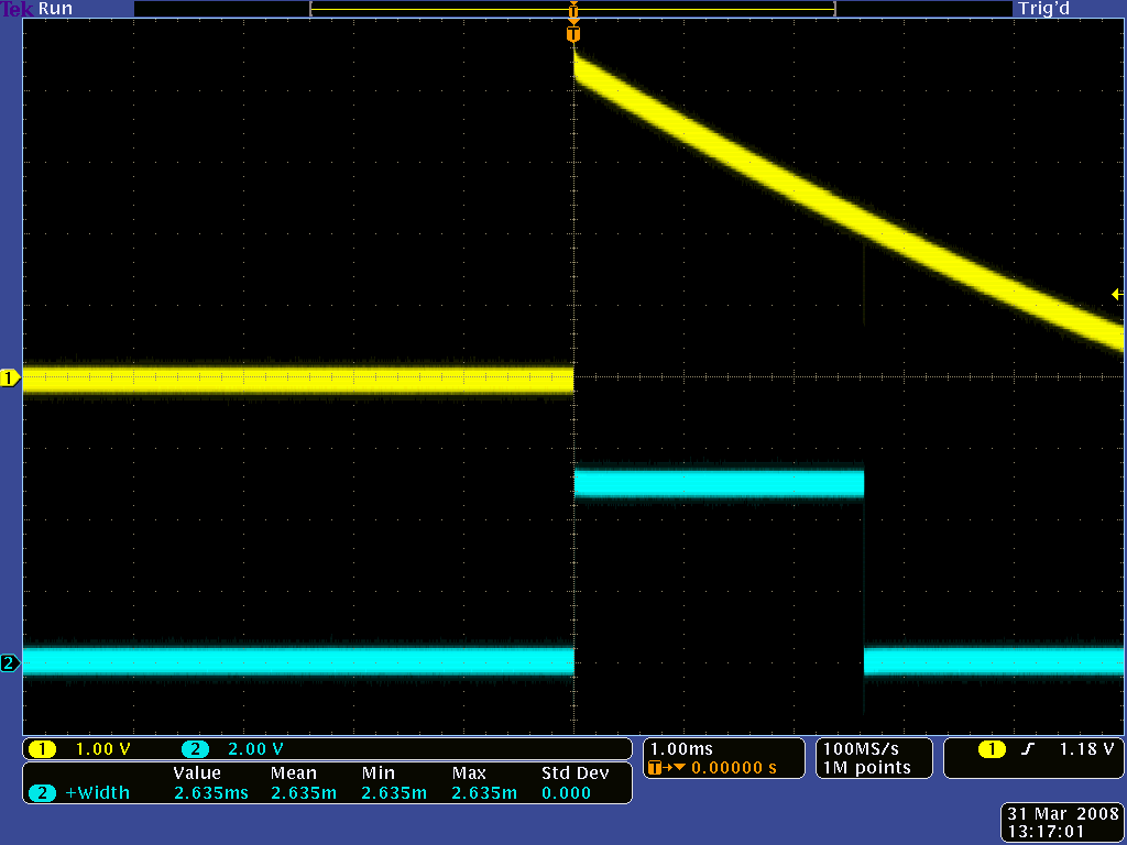 QTR-1RC output (yellow) when 1/8" above a black line and microcontroller timing of that output (blue)