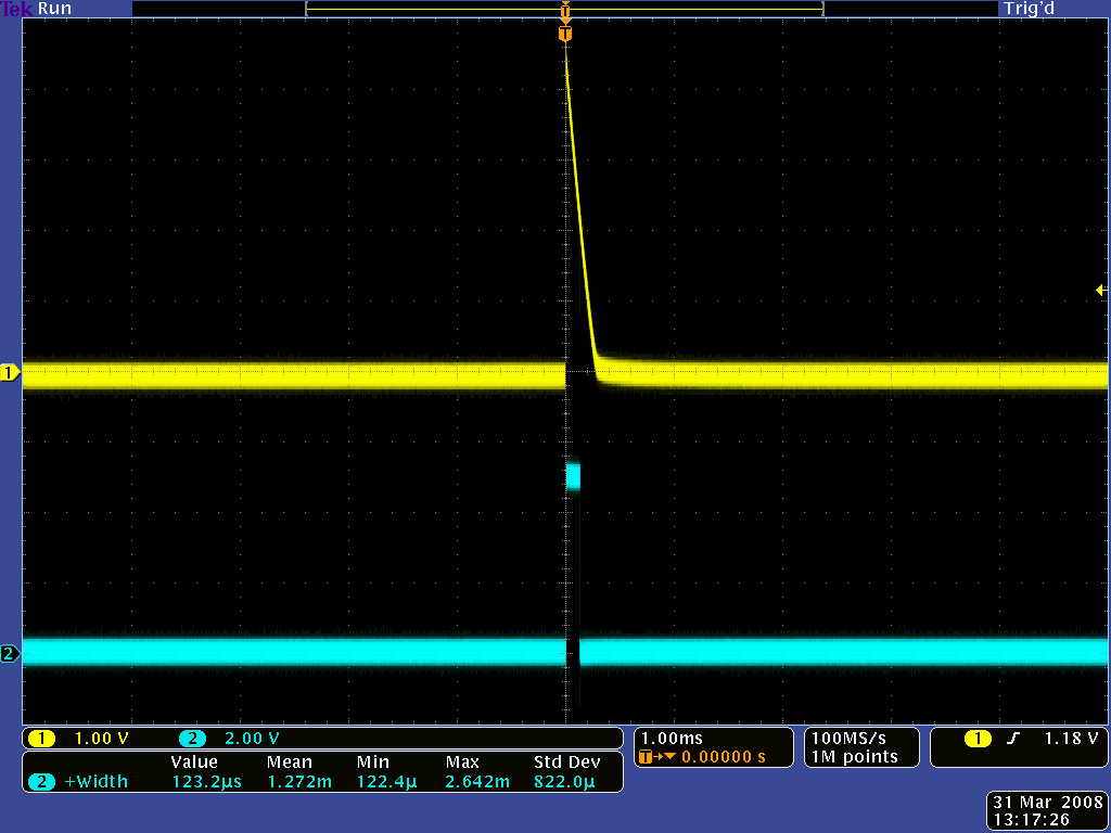 QTR-1RC output (yellow) when 1/8" above a white surface and microcontroller timing of that output (blue)