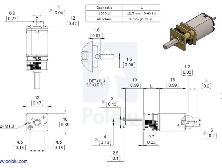 Dimensions of LP, MP and HP Metal Gearmotors excl the HPCB type