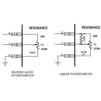 NOTE CONCERNING P5 : The required model is REVERSE AUDIO (C curve) but since it is a potentiometric divider, it can be replaced by a 100K LINEAR potentiometer with a 100K  tapping resistor connected between the CW lug and the WIPER lug although we do stock the reverse audio pots..