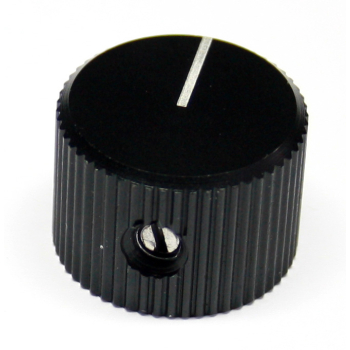 Black anodised aluminium knob for 6mm shaft with grub screw fixing